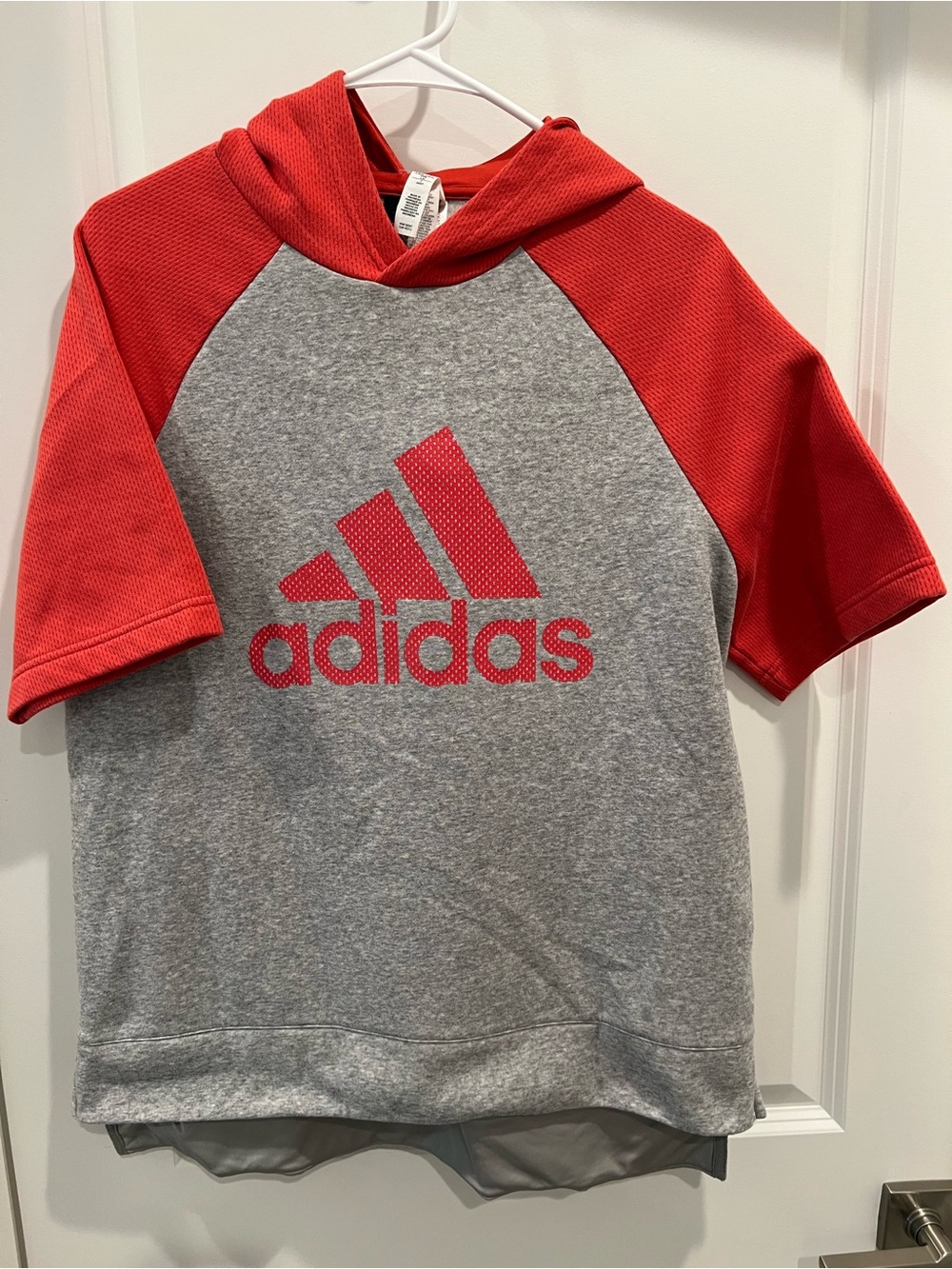 Adidas Grey & Red Short-Sleeve Hooded women’s Top